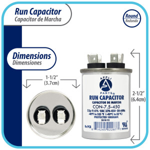 Appli Parts Condensador Capacitor de Marcha 7.5 Mfd uF (microfaradios) 370VAC o 450VAC CBB65 Universal Aire acondicionado y otras aplicaciones Redondo UL E476928 6.4cm Alto 3.7cm Ancho CON-7.5-450 Appli Parts Condensador Capacitor de Marcha 7.5 Mfd uF (microfaradios) 370VAC o 450VAC CBB65 Universal Aire acondicionado y otras aplicaciones Redondo UL E476928 6.4cm Alto 3.7cm Ancho CON-7.5-450
