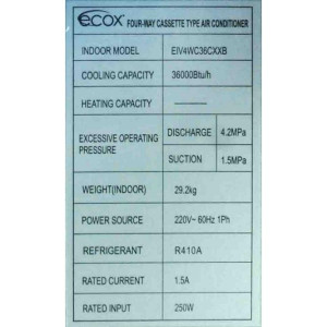 4 Way Cassette 36.000btu R410 230v/60hz/1ph Ecox Inverter Eiv4wc36cxxb (Only With Eivcu036cxxb) 4 Way Cassette 36.000btu R410 230v/60hz/1ph Ecox Inverter Eiv4wc36cxxb (Only With Eivcu036cxxb)