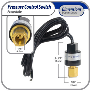 Appli Parts APPS-550450 Hi Pressure control switch R410, Open 550 psi, Close 450 psi, 40 in Cable, SPST, 1/4 SAE female connection, Automatic Reset, universal replacement for Air Conditioning