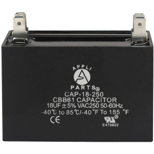 Appli Parts CAP-18-250 Fan Capacitor 18 mfd (microfarads) uf 250 VAC with 4 Terminal Connections compatible with any brand within the same range of capacitance 2-1/4 Width, 7/8 Depth, 1-7/8 in Height