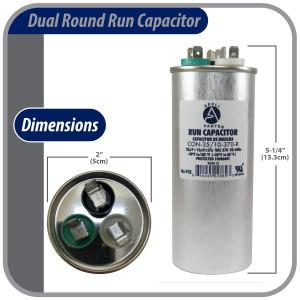 Appli Parts Condensador Capacitor de Marcha 35+10 Mfd uF (microfaradios) 370VAC CBB65 Universal Aire acondicionado y otras aplicaciones Redondo UL E476928 5cm Ancho 13.3cm Alto CON-35/10-370-R