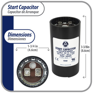 Appli Parts motor start capacitor 400-480 Mfd (microfarads) uF 110-125 VAC universal fit for electric motor applications 1-3/4 in Wide 3-3/8 in Height CON-400-110
 Appli Parts motor start capacitor 400-480 Mfd (microfarads) uF 110-125 VAC universal fit for electric motor applications 1-3/4 in Wide 3-3/8 in Height CON-400-110