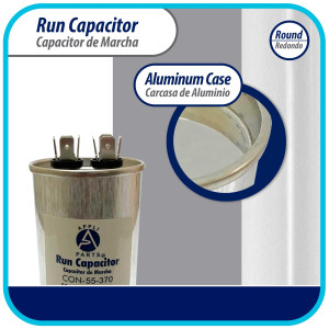 Appli Parts Run Capacitor for ac 55 Mfd uF (microfarads) 370VAC CBB65 Round Universal fit for hvac and other applications 4-3/4in High 2in Wide CON-55-370-R


