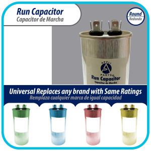 Appli Parts Run Capacitor for ac 55 Mfd uF (microfarads) 370VAC CBB65 Round Universal fit for hvac and other applications 4-3/4in High 2in Wide CON-55-370-R

