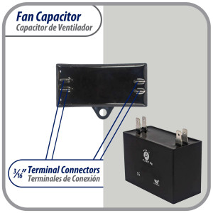 Appli Parts CAP-3.5-450 Fan Capacitor 3.5 mfd (microfarads) uf 450 VAC with 4 Terminal Connections compatible with any brand within the same range capacitance 1-7/8in Width 3/4in Depth 1-1/2in Height