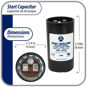 Appli Parts motor start capacitor 216-259 Mfd (microfarads) uF 330 VAC universal fit for electric motor applications 1-3/4 in Wide 3-3/8 in Height CON-216-330
 Appli Parts motor start capacitor 216-259 Mfd (microfarads) uF 330 VAC universal fit for electric motor applications 1-3/4 in Wide 3-3/8 in Height CON-216-330