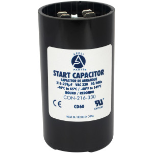 Appli Parts motor start capacitor 216-259 Mfd (microfarads) uF 330 VAC universal fit for electric motor applications 1-3/4 in Wide 3-3/8 in Height CON-216-330
 Appli Parts motor start capacitor 216-259 Mfd (microfarads) uF 330 VAC universal fit for electric motor applications 1-3/4 in Wide 3-3/8 in Height CON-216-330