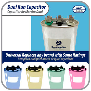 Appli Parts Dual Run Capacitor for ac 50+5 Mfd uF (microfarads) 370VAC CBB65 Oval Universal fit for hvac and other applications 2-3/4in Wide 1-3/4in Depth 4-5/8in High CON-50/5-370