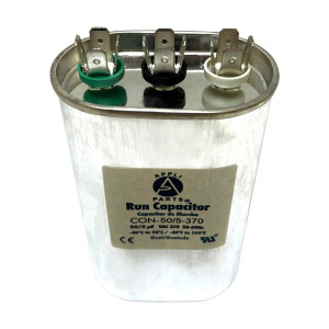Appli Parts Dual Run Capacitor for ac 50+5 Mfd uF (microfarads) 370VAC CBB65 Oval Universal fit for hvac and other applications 2-3/4in Wide 1-3/4in Depth 4-5/8in High CON-50/5-370