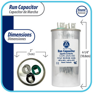 Appli Parts Condensador Capacitor de Marcha 25+5 Mfd uF (microfaradios) 370VAC o 450VAC CBB65 Universal Aire acondicionado y otras aplicaciones Redondo UL E476928 10.8cm Alto 5cm Ancho CON-25/5-450 Appli Parts Condensador Capacitor de Marcha 25+5 Mfd uF (microfaradios) 370VAC o 450VAC CBB65 Universal Aire acondicionado y otras aplicaciones Redondo UL E476928 10.8cm Alto 5cm Ancho CON-25/5-450