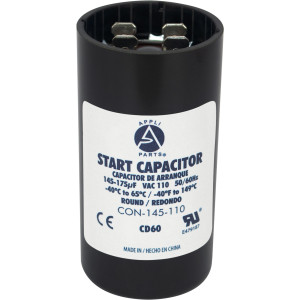 Appli Parts motor start capacitor 145-175 Mfd (microfarads) uF 110-125 VAC universal fit for electric motor applications 1-7/16 in Diameter 2-3/4 in Height CON-145-110
 Appli Parts motor start capacitor 145-175 Mfd (microfarads) uF 110-125 VAC universal fit for electric motor applications 1-7/16 in Diameter 2-3/4 in Height CON-145-110