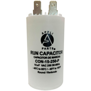 Appli Parts Run Capacitor for electric motors 15 Mfd uF (microfarads) 250VAC Plastic Case with terminals CBB60 Round Universal fit water pumps and others 3 in High 1-3/8 in Wide CON-15-250-P