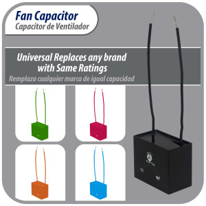 Appli Parts Fan Capacitor 3.5 mfd (microfarads) uf 250 VAC with 2 Wire Terminal Connections compatible with any brand with same capacitance 1-7/8in Width 1/2in Depth 1-1/8in Height CAP-3.5-250-2C