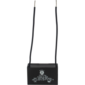 Appli Parts Fan Capacitor 5 mfd (microfarads) uf 250 VAC with 2 Wire Terminal Connections compatible with any brand with same capacitance 1-7/8in Width 3/4in Depth 1-1/8in Height CAP-5-250-2C