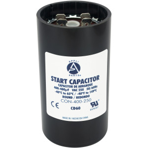Appli Parts motor start capacitor 400-480 Mfd (microfarads) uF 250 VAC universal fit for electric motor applications 1-3/4 in Diameter 4-3/8 in Height CON-400-250 
 Appli Parts motor start capacitor 400-480 Mfd (microfarads) uF 250 VAC universal fit for electric motor applications 1-3/4 in Diameter 4-3/8 in Height CON-400-250