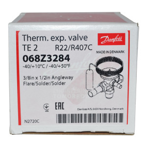 Danfoss 068Z3284 1/4 - 5.5TR Expansion Valve Body, TE 2, R22, R407C, 3/8x1/2 in, Flare x ODF, External Equalized, Bi-Flow, -40 to 50 F, Capacity determined by Orifice size Sold Separately