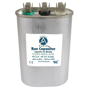 Appli Parts Dual Run Capacitor for ac 40+5 Mfd uF (microfarads) 370VAC CBB65 Oval Universal fit for hvac and other applications 2-3/4in Wide 1-3/4in Depth 4-1/4in High CON-40/5-370 Appli Parts Dual Run Capacitor for ac 40+5 Mfd uF (microfarads) 370VAC CBB65 Oval Universal fit for hvac and other applications 2-3/4in Wide 1-3/4in Depth 4-1/4in High CON-40/5-370