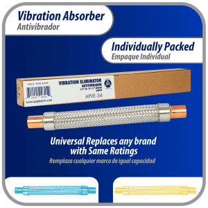 Appli Parts APVE-34 3/4 in Vibration Absorber Eliminator Sweat Connections 10 in Long 450 psi Max working and 3,265 psi Burst pressure Appli Parts APVE-34 3/4 in Vibration Absorber Eliminator Sweat Connections 10 in Long 450 psi Max working and 3,265 psi Burst pressure