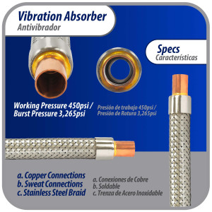 Appli Parts APVE-34 3/4 in Vibration Absorber Eliminator Sweat Connections 10 in Long 450 psi Max working and 3,265 psi Burst pressure Appli Parts APVE-34 3/4 in Vibration Absorber Eliminator Sweat Connections 10 in Long 450 psi Max working and 3,265 psi Burst pressure