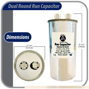 Appli Parts Run Capacitor for ac 75 Mfd uF (microfarads) 370VAC CBB65 Round Universal fit for hvac and other applications 5-1/2in High 2-1/4in Wide CON-75-370-R
 Appli Parts Run Capacitor for ac 75 Mfd uF (microfarads) 370VAC CBB65 Round Universal fit for hvac and other applications 5-1/2in High 2-1/4in Wide CON-75-370-R