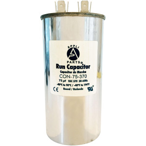 Appli Parts Run Capacitor for ac 75 Mfd uF (microfarads) 370VAC CBB65 Round Universal fit for hvac and other applications 5-1/2in High 2-1/4in Wide CON-75-370-R
 Appli Parts Run Capacitor for ac 75 Mfd uF (microfarads) 370VAC CBB65 Round Universal fit for hvac and other applications 5-1/2in High 2-1/4in Wide CON-75-370-R