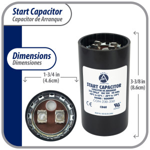 Appli Parts motor start capacitor 233-280 Mfd (microfarads) uF 250 VAC universal fit for electric motor applications 1-3/4 in Wide 3-3/8 in Height CON-233-250
 Appli Parts motor start capacitor 233-280 Mfd (microfarads) uF 250 VAC universal fit for electric motor applications 1-3/4 in Wide 3-3/8 in Height CON-233-250