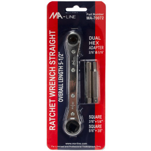 MA-Line MA-70072 Llave Ratchet con Adaptadores. Recta 5-1/2in. Una Punta Quadrada de 3/16pulg y 1/4pulg. Una Punta Cuadrada de 3/16pulg por 5/16pulg. Adapatadores Hexagonales 3/16pulg y 5/16pulg