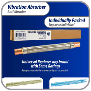 Appli Parts APVE-78 7/8 in Vibration Absorber Eliminator Sweat Connections 11-1/2 in Long 450 psi Max working and 3,265 psi Burst pressure Appli Parts APVE-78 7/8 in Vibration Absorber Eliminator Sweat Connections 11-1/2 in Long 450 psi Max working and 3,265 psi Burst pressure