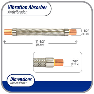 Appli Parts APVE-78 7/8 in Vibration Absorber Eliminator Sweat Connections 11-1/2 in Long 450 psi Max working and 3,265 psi Burst pressure Appli Parts APVE-78 7/8 in Vibration Absorber Eliminator Sweat Connections 11-1/2 in Long 450 psi Max working and 3,265 psi Burst pressure
