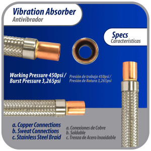 Appli Parts APVE-78 7/8 in Vibration Absorber Eliminator Sweat Connections 11-1/2 in Long 450 psi Max working and 3,265 psi Burst pressure Appli Parts APVE-78 7/8 in Vibration Absorber Eliminator Sweat Connections 11-1/2 in Long 450 psi Max working and 3,265 psi Burst pressure