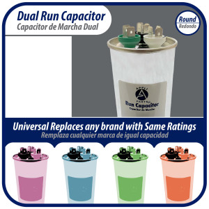 Appli Parts Condensador Capacitor de Marcha 50+7.5 Mfd uF (microfaradios) 370VAC CBB65 Universal Aire acondicionado y otras aplicaciones Redondo UL E476928 5cm Ancho 13.6cm Alto CON-50/7.5-370-R