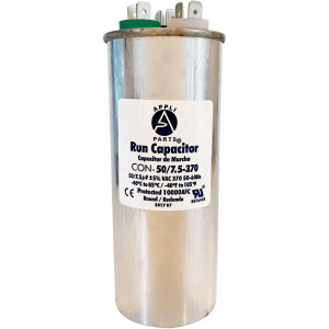Appli Parts Condensador Capacitor de Marcha 50+7.5 Mfd uF (microfaradios) 370VAC CBB65 Universal Aire acondicionado y otras aplicaciones Redondo UL E476928 5cm Ancho 13.6cm Alto CON-50/7.5-370-R