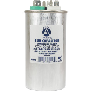 Appli Parts Dual Run Capacitor for ac 30+5 Mfd uF (microfarads) 370VAC CBB65 Round Universal fit for hvac and other applications UL E476928 2in Wide 4-1/4in Height CON-30/5-370-R

