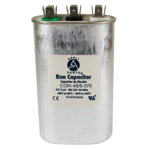 Appli Parts Dual Run Capacitor for ac 45+5 Mfd uF (microfarads) 370VAC CBB65 Oval Universal fit for hvac and other applications 2-3/4in Wide 1-3/4in Depth 4-3/4in High CON-45/5-370 Appli Parts Dual Run Capacitor for ac 45+5 Mfd uF (microfarads) 370VAC CBB65 Oval Universal fit for hvac and other applications 2-3/4in Wide 1-3/4in Depth 4-3/4in High CON-45/5-370