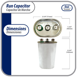 Appli Parts Dual Run Capacitor for ac 45+5 Mfd uF (microfarads) 370VAC CBB65 Oval Universal fit for hvac and other applications 2-3/4in Wide 1-3/4in Depth 4-3/4in High CON-45/5-370 Appli Parts Dual Run Capacitor for ac 45+5 Mfd uF (microfarads) 370VAC CBB65 Oval Universal fit for hvac and other applications 2-3/4in Wide 1-3/4in Depth 4-3/4in High CON-45/5-370