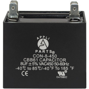 Appli Parts Condensador Capacitor de ventilador 8 mfd (microfaradios) uf 450VAC con conectores compatible con cualquier marca de igual capacitancia 4.7cm Ancho 2.6cm Prof 4.6cm Alto CAP-8-450
 Appli Parts Condensador Capacitor de ventilador 8 mfd (microfaradios) uf 450VAC con conectores compatible con cualquier marca de igual capacitancia 4.7cm Ancho 2.6cm Prof 4.6cm Alto CAP-8-450