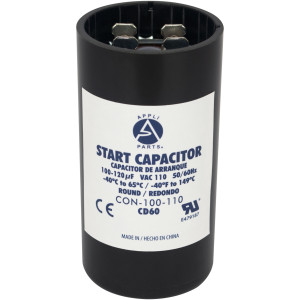 Appli Parts motor start capacitor 100-120 Mfd (microfarads) uF 110-125 VAC universal fit for electric motor applications 1-7/16 in Diameter 2-3/4 in Height CON-100-110
 Appli Parts motor start capacitor 100-120 Mfd (microfarads) uF 110-125 VAC universal fit for electric motor applications 1-7/16 in Diameter 2-3/4 in Height CON-100-110