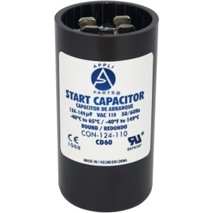 Appli Parts motor start capacitor 124-149 Mfd (microfarads) uF 110-125 VAC universal fit for electric motor applications 1-7/16 in Diameter 2-3/4 in Height CON-124-110
 Appli Parts motor start capacitor 124-149 Mfd (microfarads) uF 110-125 VAC universal fit for electric motor applications 1-7/16 in Diameter 2-3/4 in Height CON-124-110