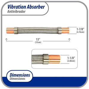 Appli Parts APVE-118 1-1/8 in Vibration Absorber Eliminator Sweat Connections 13 in Long 450 psi Max working and 3,265 psi Burst pressure Appli Parts APVE-118 1-1/8 in Vibration Absorber Eliminator Sweat Connections 13 in Long 450 psi Max working and 3,265 psi Burst pressure