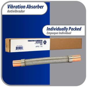 Appli Parts APVE-118 1-1/8 in Vibration Absorber Eliminator Sweat Connections 13 in Long 450 psi Max working and 3,265 psi Burst pressure Appli Parts APVE-118 1-1/8 in Vibration Absorber Eliminator Sweat Connections 13 in Long 450 psi Max working and 3,265 psi Burst pressure