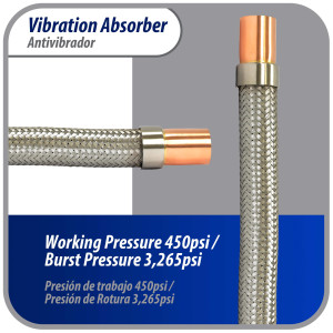 Appli Parts APVE-118 1-1/8 in Vibration Absorber Eliminator Sweat Connections 13 in Long 450 psi Max working and 3,265 psi Burst pressure Appli Parts APVE-118 1-1/8 in Vibration Absorber Eliminator Sweat Connections 13 in Long 450 psi Max working and 3,265 psi Burst pressure