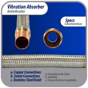 Appli Parts APVE-118 1-1/8 in Vibration Absorber Eliminator Sweat Connections 13 in Long 450 psi Max working and 3,265 psi Burst pressure Appli Parts APVE-118 1-1/8 in Vibration Absorber Eliminator Sweat Connections 13 in Long 450 psi Max working and 3,265 psi Burst pressure