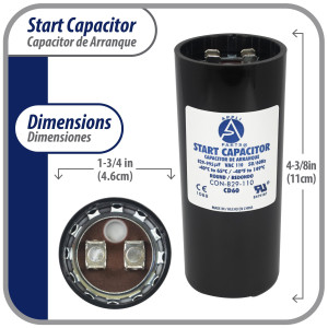 Appli Parts motor start capacitor 829-995 Mfd (microfarads) uF 110-125 VAC universal fit for electric motor applications 1-3/4 in Diameter 4-3/8 in Height CON-829-110
 Appli Parts motor start capacitor 829-995 Mfd (microfarads) uF 110-125 VAC universal fit for electric motor applications 1-3/4 in Diameter 4-3/8 in Height CON-829-110