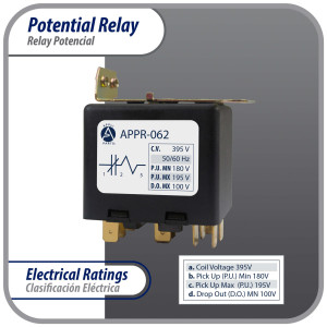 Appli Parts APPR-062 Relay Potencial 062, Voltaje de Bobina 395 V, Recogida Minima 180 V, Recogida Maxima 195 V, Caida Maxima 100 V, 50/60Hz Remplazo universal para unidades de refrigeracion y aire acondicionado Appli Parts APPR-062 Relay Potencial 062, Voltaje de Bobina 395 V, Recogida Minima 180 V, Recogida Maxima 195 V, Caida Maxima 100 V, 50/60Hz Remplazo universal para unidades de refrigeracion y aire acondicionado