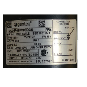 Danfoss 119-5630 Motor 3/4hp 460v/1ph/60hz 1075rpm For Optyma F48v96d36 includes Capacitor 10mfd 370V 191U137920  Danfoss 119-5630 Motor 3/4hp 460v/1ph/60hz 1075rpm For Optyma F48v96d36 includes Capacitor 10mfd 370V 191U137920