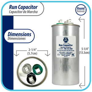 Appli Parts Condensador Capacitor de Marcha 70+7.5 Mfd uF (microfaradios) 370VAC o 450VAC CBB65 Universal Aire acondicionado y aplicaciones Redondo UL E476928 13.3cm Alto 5.7cm Ancho CON-70/7.5-450