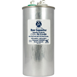 Appli Parts Condensador Capacitor de Marcha 70+7.5 Mfd uF (microfaradios) 370VAC o 450VAC CBB65 Universal Aire acondicionado y aplicaciones Redondo UL E476928 13.3cm Alto 5.7cm Ancho CON-70/7.5-450