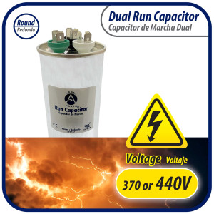 Appli Parts Condensador Capacitor de Marcha 70+7.5 Mfd uF (microfaradios) 370VAC o 450VAC CBB65 Universal Aire acondicionado y aplicaciones Redondo UL E476928 13.3cm Alto 5.7cm Ancho CON-70/7.5-450
