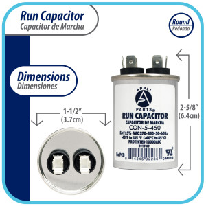 Appli Parts Condensador Capacitor de Marcha 5 Mfd uF (microfaradios) 370VAC o 450VAC CBB65 Universal Aire acondicionado y otras aplicaciones Redondo UL E476928 6.4cm Alto 3.7cm Ancho CON-5-450 Appli Parts Condensador Capacitor de Marcha 5 Mfd uF (microfaradios) 370VAC o 450VAC CBB65 Universal Aire acondicionado y otras aplicaciones Redondo UL E476928 6.4cm Alto 3.7cm Ancho CON-5-450