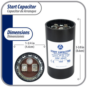 Appli Parts motor start capacitor 378-455 Mfd (microfarads) uF 250 VAC universal fit for electric motor applications 1-3/4 in Diameter 4-3/8 in Height CON-468-250 
 Appli Parts motor start capacitor 378-455 Mfd (microfarads) uF 250 VAC universal fit for electric motor applications 1-3/4 in Diameter 4-3/8 in Height CON-468-250